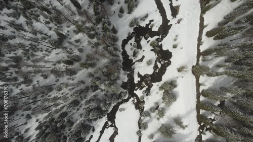 Wallpaper Mural Aerial view captured by drone over a snow and ice covered forest filled with trees in a Washington state forest during winter.  Torontodigital.ca
