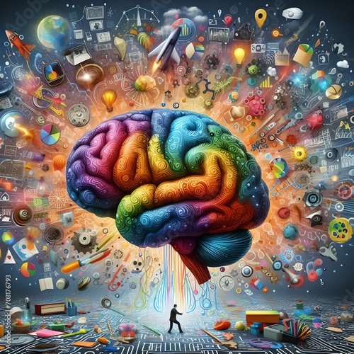 Human brain concept full of creativity, showing lots of colors and actions. Generative AI