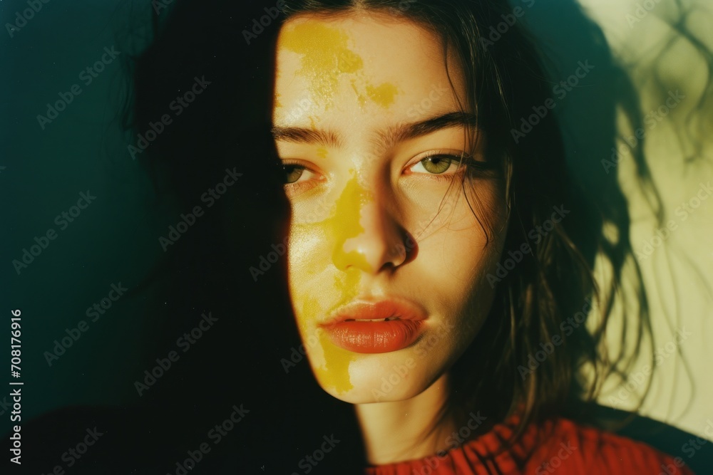 Woman sitting down and staring into the camera and wearing yellow lights on her face Ai Generative Woman sitting down and staring into the camera and wearing yellow lights on her face Ai Generative