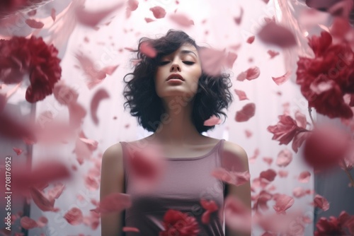 Young girl standing under hundreds of pink roses Ai Generative