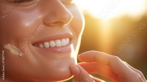 Closeup of a hand gently patting sunscreen onto a delicate face. photo
