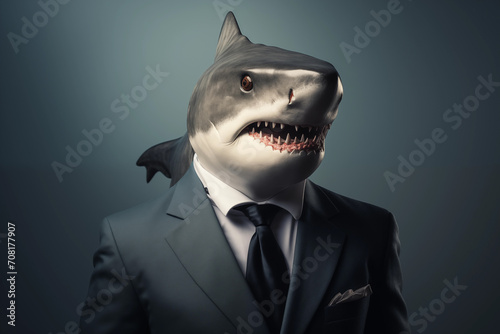 Businessman with shark instead of his head on grey background. Anthropomorphic animals concept.