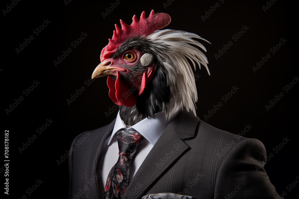 Portrait of a rooster in a suit on a black background. Anthropomorphic animals concept.