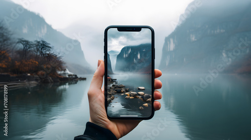 person holding a phone taking a photo of three gorges	
 photo