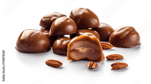 Caramel chocolate with hazelnuts isolated on white 