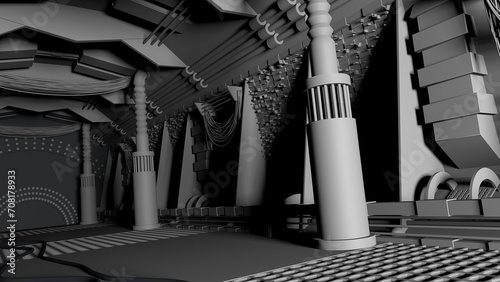 3D rendering of a detailed dark and scary spacecraft corridor with unique style