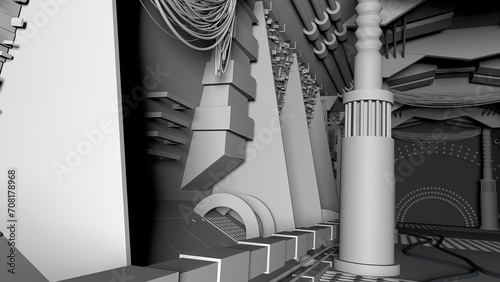 3D rendering of a detailed dark and scary spacecraft corridor with unique style