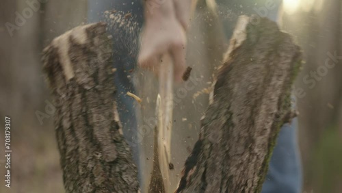 Man chopping firewood outside during sunset