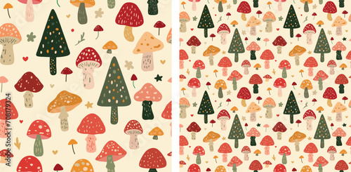 Mushrooms Forest Nursery Seamless Pattern Vector Illustration Cottagecore Nature 
