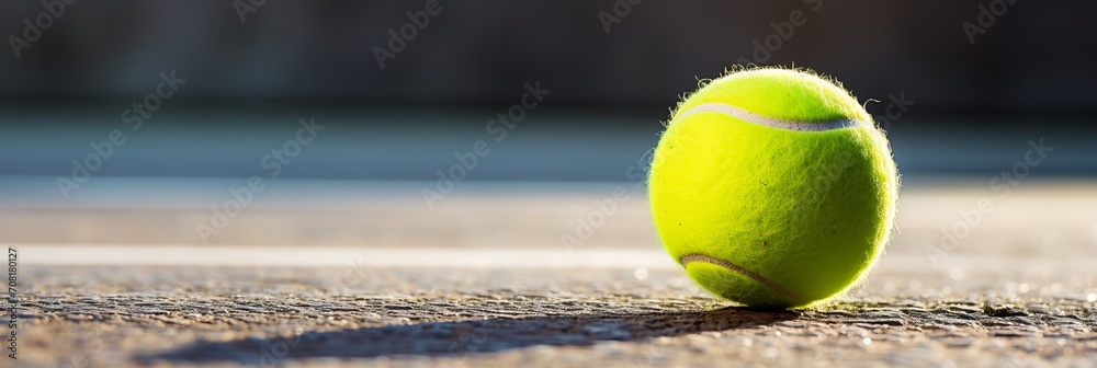 Vibrant tennis ball close up on court, showcasing texture and markings, with ample space for text.