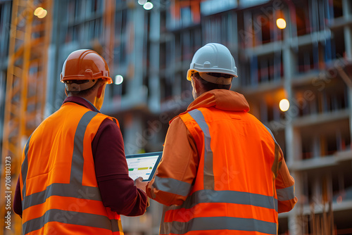 two construction workers holding tablet at an exterior building site