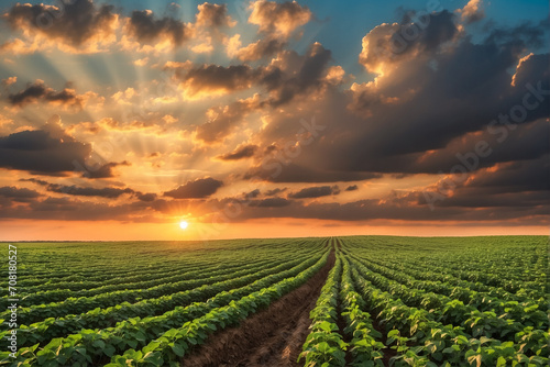 Enchanting landscape of a soybean plantation at dusk, under a sky adorned by intense clouds