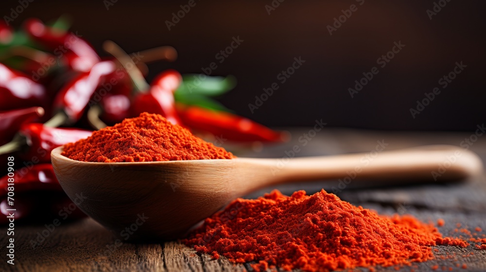 Vibrant paprika powder on wooden spoon with copy space banner for food and spice concepts - obrazy, fototapety, plakaty 
