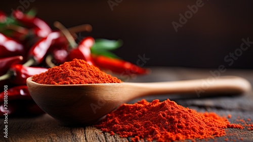 Fotografia Vibrant paprika powder on wooden spoon with copy space banner for food and spice