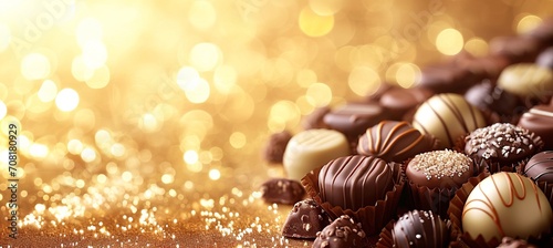 Assorted chocolates on blurred bokeh background, sweet candy treats with space for text