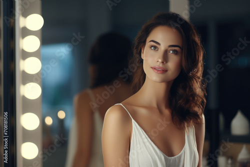 Portrait of graceful woman with her reflection in a mirror framed by warm vanity lights.For advertising campaigns, posters, banners in cosmetic stores, or at exhibitions. © dargog