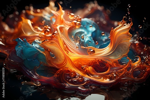 Molten copper and sapphire blue liquids swirling in a cosmic ballet