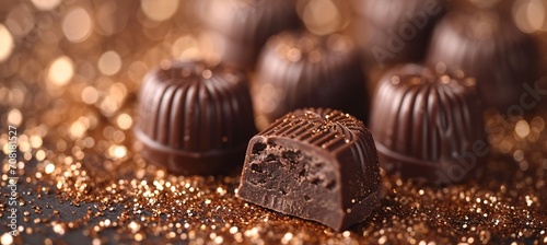 Assorted chocolates on blurred bokeh background, vertical composition with sweet candy treats