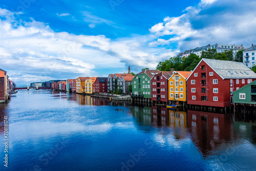 Beautiful view of the colorful wooden buildings of Trondheim Canal,  Norway photo