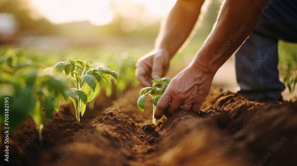 Fototapeta premium Closeup of a farmers hands tending to a row of vegetables, practicing notill farming to reduce soil erosion.