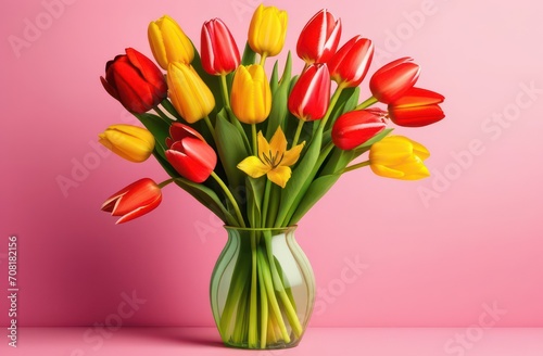 Beautiful bouquet of tulips in a glass vase on a pink surface. Tulips in a vase. Flower arrangement © Lutsia
