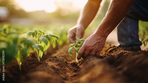 Closeup of a farmers hands tending to a row of vegetables, practicing notill farming to reduce soil erosion. photo