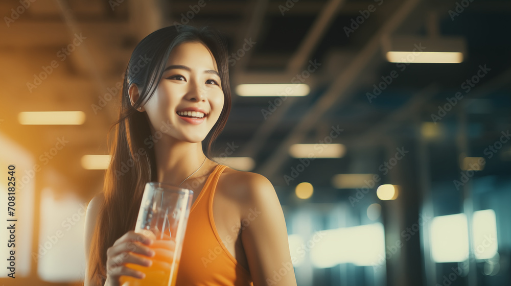 Beautiful athletic asian woman in a gym, drinking water,