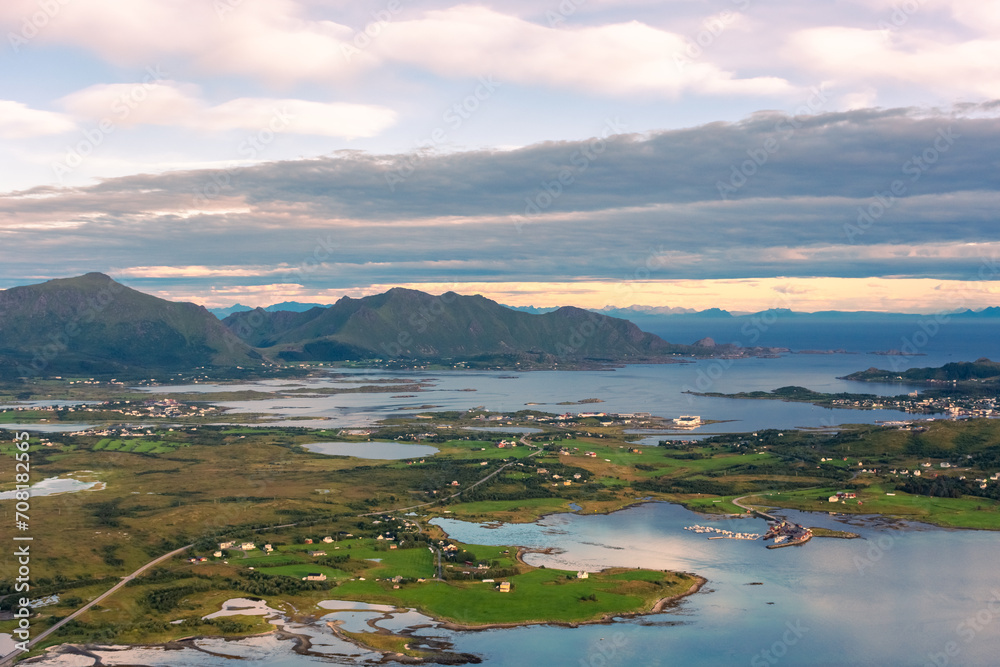 Obraz premium Beautiful landscape of the Lofoten Islands during the golden hour, view from Offersoy Mount trail, Norway