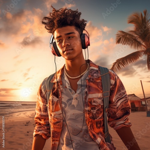 Latin boy with headphones on the beach at sunset photo