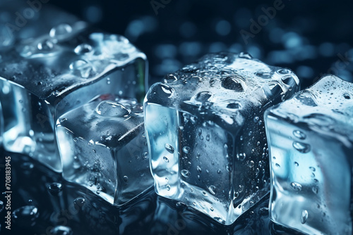 Melting ice cubes are in a row with drops around, close up