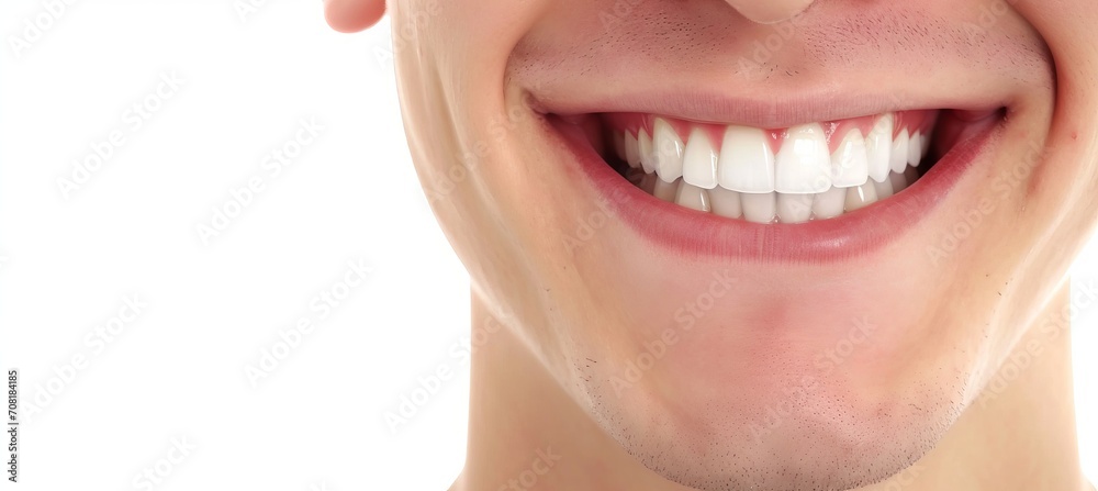 Obraz premium Close up portrait of a handsome blonde scandinavian man with a radiant smile, perfect for dental ad.