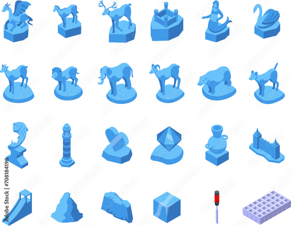 Ice sculpture icons set isometric vector. Animals mermaid. Medieval castle statue - obrazy, fototapety, plakaty 