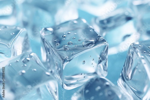 Melting ice cubes are in a row with drops around, close up © Robin