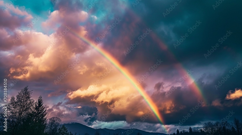 A vibrant rainbow appearing after a rainstorm, set against a backdrop of dark, moody clouds, representing hope and diversity in social justice.