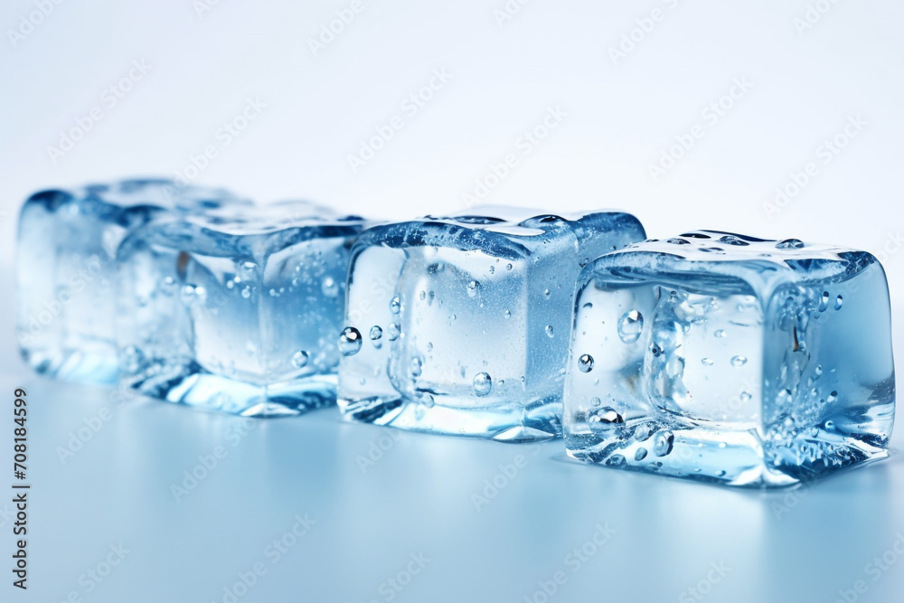 Melting ice cubes are in a row with drops around, close up Melting ice cubes are in a row with drops around, close up