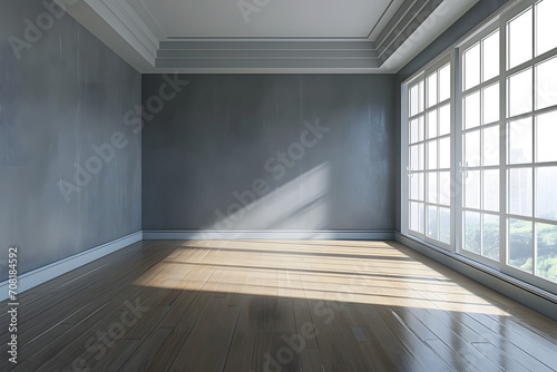 empty living room  with gray wall with lights shinging in  photo