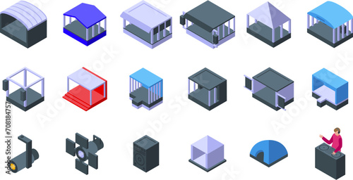 Outdoor music festival stage icons set isometric vector. Park concert. Air rock dance