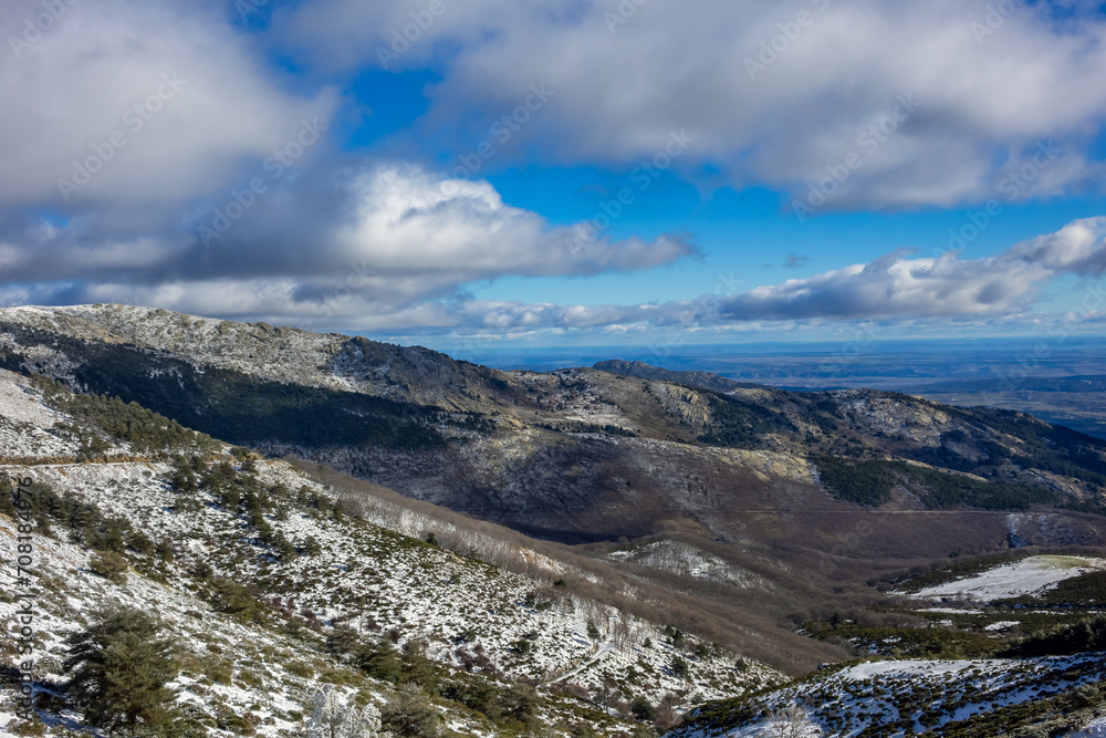 Guadarrama National Park (Parque Nacional de Guadarrama): Snow-capped Guadarrama Mountains (Sierra de Guadarrama) is a mountain range forming not far from Madrid in January 2024. MADRID, SPAIN.