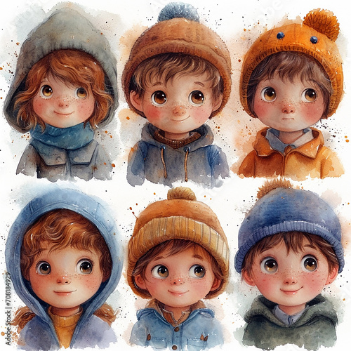 Set of watercolor little girl faces
