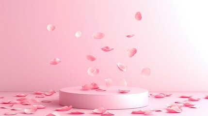 Podium in the pink background rose petals falling. Studio podium for product advertising. Stage stand. Blank podium. Display platform cosmetic and spa presentation