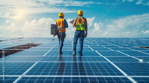 Engineers walking on roof inspect and check solar cell panel by hold equipment box and radio communication ,solar cell is smart grid ecology energy sunlight alternative power factory concept. photo