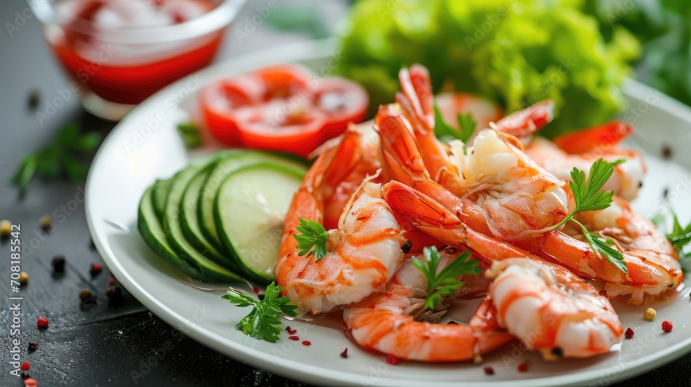 Fresh shrimp on white plate and fresh vegetables, cooked shrimps prawns and seafood spicy chili sauce coriander, cooking shrimp salad lemon lime Fresh shrimp on white plate and fresh vegetables, cooked shrimps prawns and seafood spicy chili sauce coriander, cooking shrimp salad lemon lime