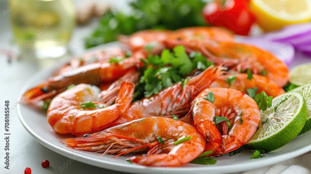 Fresh shrimp on white plate and fresh vegetables, cooked shrimps prawns and seafood spicy chili sauce coriander, cooking shrimp salad lemon lime Fresh shrimp on white plate and fresh vegetables, cooked shrimps prawns and seafood spicy chili sauce coriander, cooking shrimp salad lemon lime