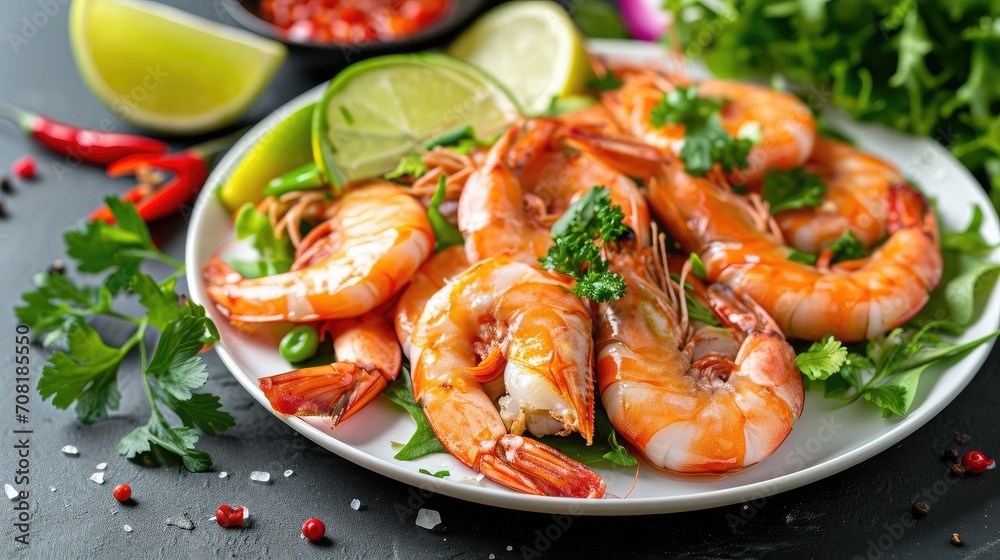Fresh shrimp on white plate and fresh vegetables, cooked shrimps prawns and seafood spicy chili sauce coriander, cooking shrimp salad lemon lime Fresh shrimp on white plate and fresh vegetables, cooked shrimps prawns and seafood spicy chili sauce coriander, cooking shrimp salad lemon lime