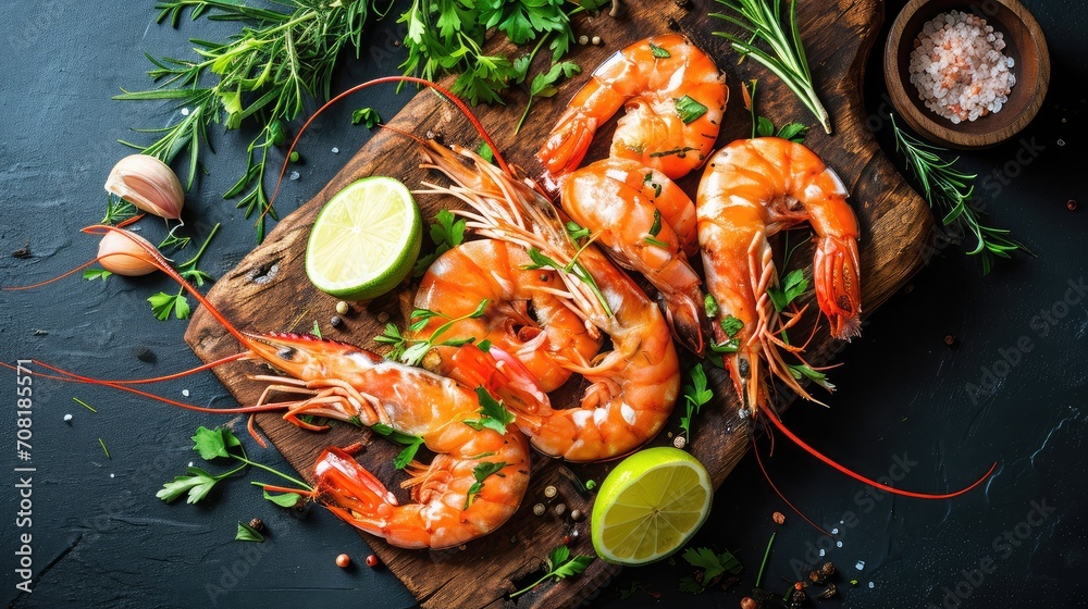 Fresh shrimps prawns seafood lemon lime with herbs and spice, Shrimp peeled on wooden cutting board dark background dining table food, top view Fresh shrimps prawns seafood lemon lime with herbs and spice, Shrimp peeled on wooden cutting board dark background dining table food, top view