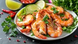 Fresh shrimp on white plate and fresh vegetables, cooked shrimps prawns and seafood spicy chili sauce coriander, cooking shrimp salad lemon lime