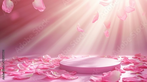 Podium in the pink background rose petals falling. Studio podium for product advertising. Stage stand. Blank podium. Display platform cosmetic and spa presentation