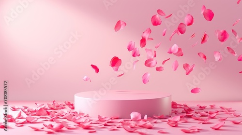 Podium in the pink background rose petals falling. Studio podium for product advertising. Stage stand. Blank podium. Display platform cosmetic and spa presentation