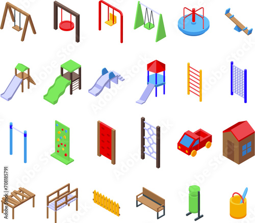 Kindergarten outdoor recreation area icons set isometric vector. Children play. City park