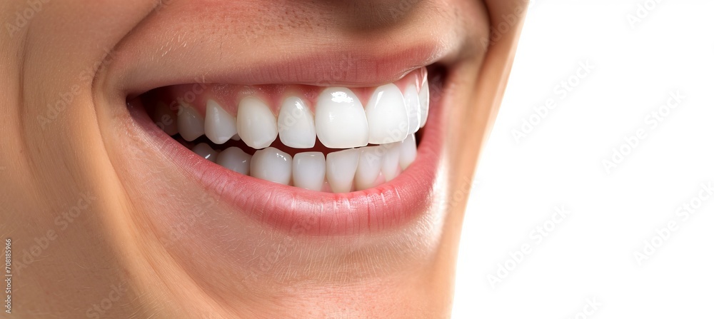 Obraz premium Handsome blonde man smiling with clean teeth for dental ad, isolated on white background